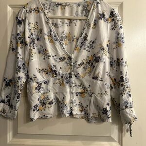 Abercrombie and Fitch Floral V-Neck Women's Top - White and Yellow